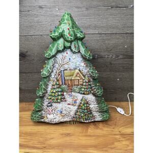 Rare Ceramic Christmas Tree 17.5” Cabin Scene Snowman Lighted 147 Lights Lamp